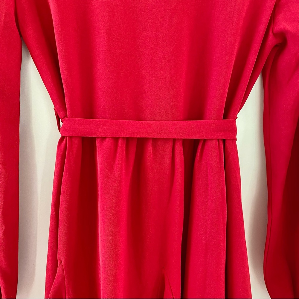 Petite Skater Mini Dress Blouson Long Sleeves Waist Tie Pleated Red 0 - Picture 12 of 16